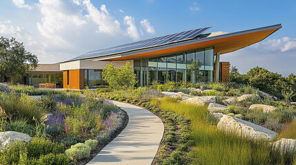 Obraz premium Contemporary eco home with solar panels and lush garden