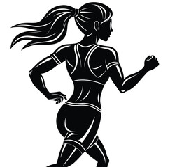 Black vector silhouettes of a running woman illustrate sport, fitness, and action. A back view of a woman sprinting at full speed, legs extended mid-stride, arms pumping powerfully.
