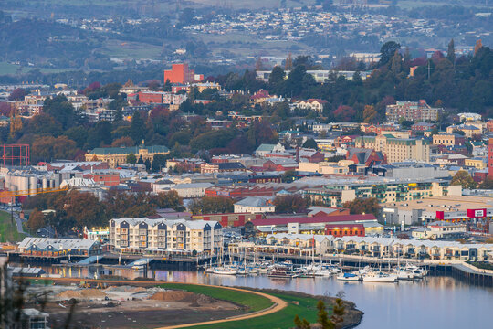Distant view of the waterfront along the Tamar River in Launceston