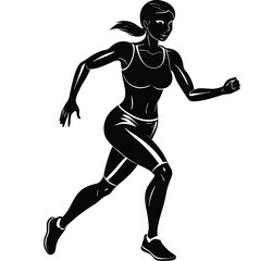 Black vector silhouettes of a running woman illustrate sport, fitness, and action. A side view of a woman sprinting at speed, legs extended mid-stride, arms pumping powerfully.