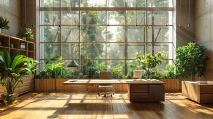 Sleek Eco-Friendly Office with Wooden Furniture and Minimalist Design