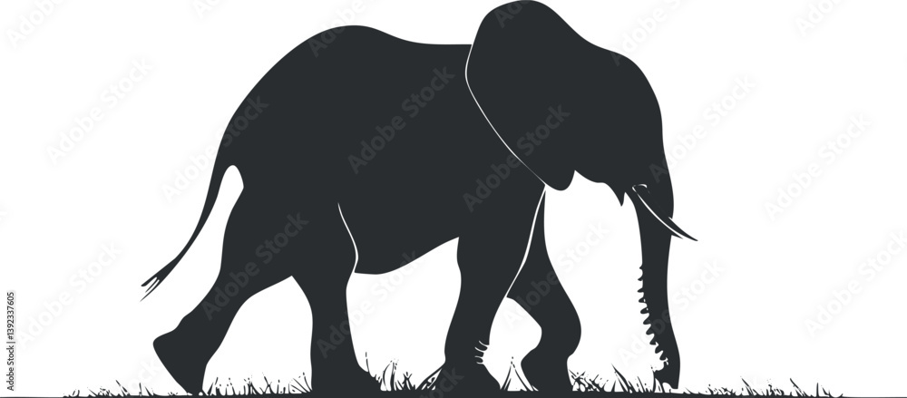 Poster silhouette of an elephant walking through grass, showcasing its distinct shape and features.
