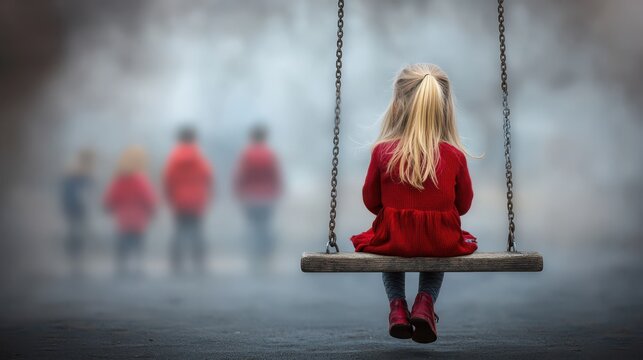 A young girl in a red dress sits on a swing, gazing into the misty distance where silhouettes of children are blurred.