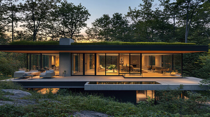 Modern glass house with lush surroundings and serene ambiance