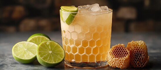 A high-contrast, minimalist setup with a single glass of honey lime cooler, lime slices and honeycomb arranged artistically beside it.