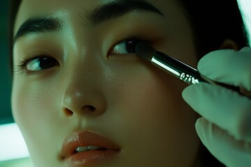 A master in the beauty salon creates a professional and fresh summer make-up look for a beautiful model