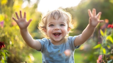 Close-up of a happy young boy with blonde hair smiling brightly, capturing pure joy and innocence in a natural moment.