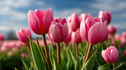 Fototapeta premium Pink tulips blooming in a field under a blue sky