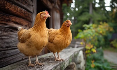 Fototapeta premium Two brown hens on wooden fence by log cabin in autumn woods