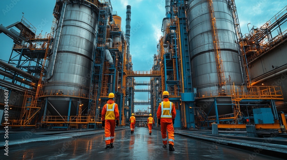 Aufkleber teams of workers in safety gear navigate a mining and extraction facility filled with large industri
