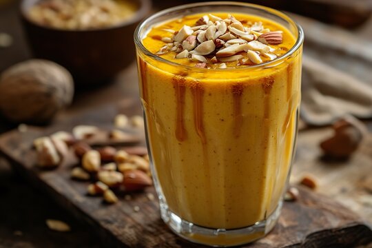 A glass of rich kesar badam lassi, drizzled with honey and sprinkled with slivered nuts.