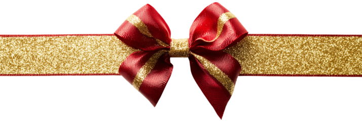 A festive red and gold glitter ribbon tied in a bow is displayed on a transparent background.