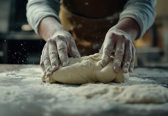 Close-up of hands kneading dough covered in flour, flying flour particles, soft lighting, realistic texture, rustic artisanal atmosphere, detailed kitchen scene
