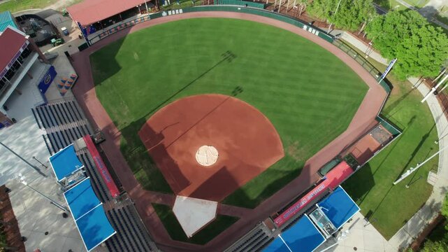 Gorgeous overhead aerial of softball park, Pressly Stadium at University of Florida, Gators Softball, 4K aerial