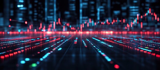 A futuristic stock market dashboard displaying erratic candlestick movements, red and green signals indicating unpredictable price swings.