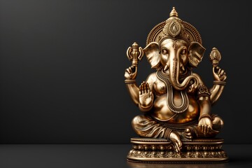 Fototapeta premium Golden Ganesha statue on black background. Photo with empty space for text on the side. Generative AI.