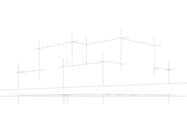 Futuristic Architectural Wireframe. Abstract Modern Building Design in Digital Sketch Style