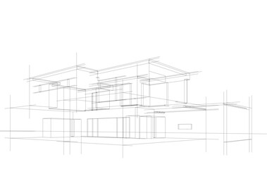 Futuristic Architectural Wireframe. Abstract Modern Building Design in Digital Sketch Style
