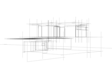Futuristic Architectural Wireframe. Abstract Modern Building Design in Digital Sketch Style