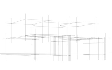 Futuristic Architectural Wireframe. Abstract Modern Building Design in Digital Sketch Style