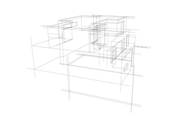 Futuristic Architectural Wireframe. Abstract Modern Building Design in Digital Sketch Style