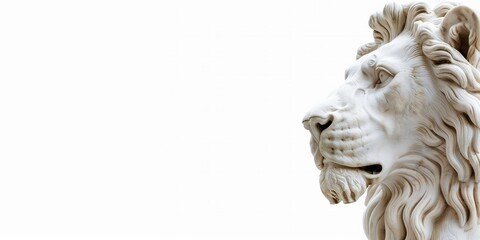 Obraz premium Lion head sculpture made of white stone banner. Photo with space for text.
