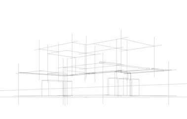 Futuristic Architectural Wireframe. Abstract Modern Building Design in Digital Sketch Style