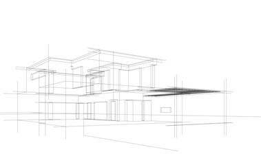 Futuristic Architectural Wireframe. Abstract Modern Building Design in Digital Sketch Style