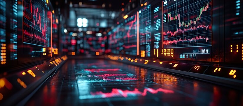 A futuristic stock exchange floor with floating digital graphs displaying fluctuating market capitalization values in a neon-lit trading hub.