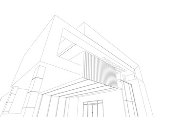 Fototapeta premium Futuristic Architectural Wireframe. Abstract Modern Building Design in Digital Sketch Style