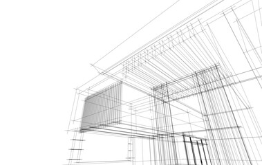 Futuristic Architectural Wireframe. Abstract Modern Building Design in Digital Sketch Style