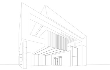 Futuristic Architectural Wireframe. Abstract Modern Building Design in Digital Sketch Style