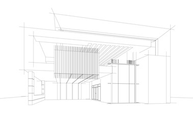 Futuristic Architectural Wireframe. Abstract Modern Building Design in Digital Sketch Style