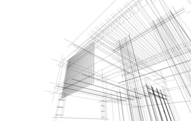 Futuristic Architectural Wireframe. Abstract Modern Building Design in Digital Sketch Style