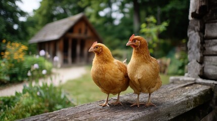 Fototapeta premium Two chickens on fence, rural garden, wooden house background, farm life