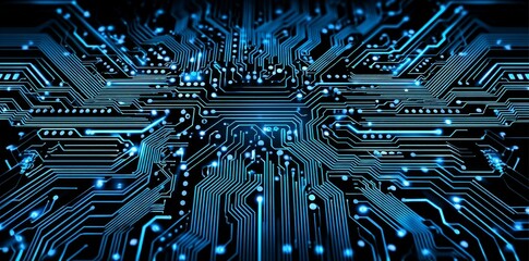 An abstract illustration of futuristic electronic circuit technology serves as the 2D background