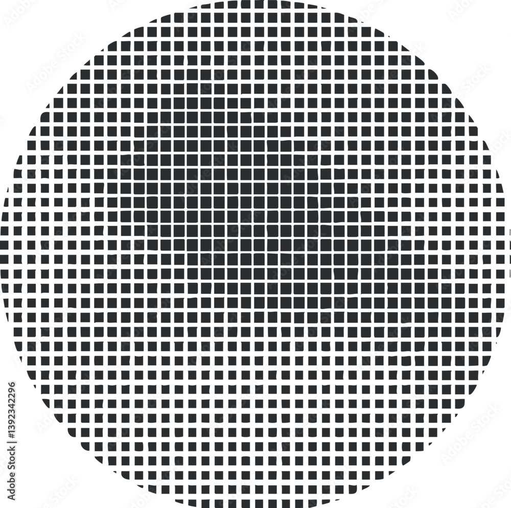 Poster monochrome circular pattern with geometric dot design creating an optical illusion effect.