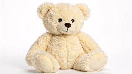 Fototapeta premium Beige fluffy teddy bear sitting against white backdrop. Created with Ai