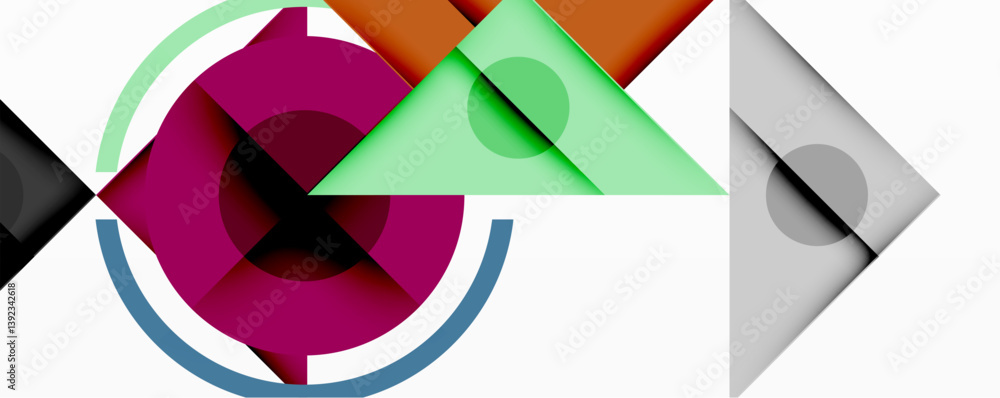 Poster Abstract geometric shapes overlap. Circles, triangles, squares create dynamic composition. Colors include purple, green, gray, orange. Modern design elements.
