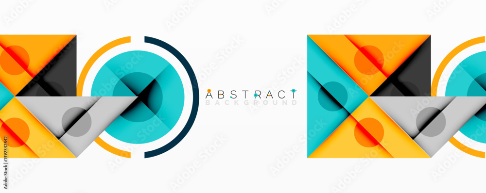 Poster abstract geometric shapes overlap. bright orange, teal, gray, black colors create modern design. cle