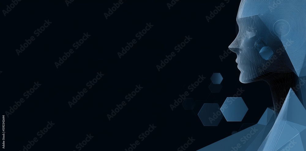Poster a digital representation of a human face in abstract form, symbolizing big data or cyber security th