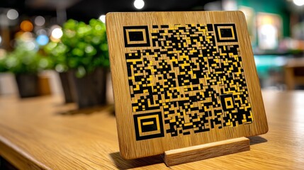 QR code displayed on a wooden stand in a modern cafe setting