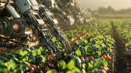 a high-tech automated vegetable harvesting robot working in a field of green crops