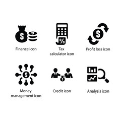 Finance, Tax calculator, Profit loss, Money management, Credit, Analysis, Black Icon Set