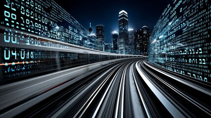 Fototapeta premium A 3D rendering depicts an abstract highway path navigating through digital binary towers situated in a city, symbolizing concepts such as big data, machine learning, stock, hyper loop, virtual