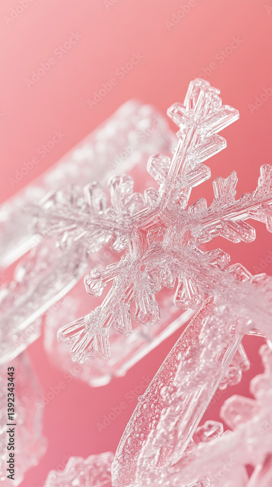Poster close-up of delicate, crystalline snowflake on pink background, showcasing intricate details and nat
