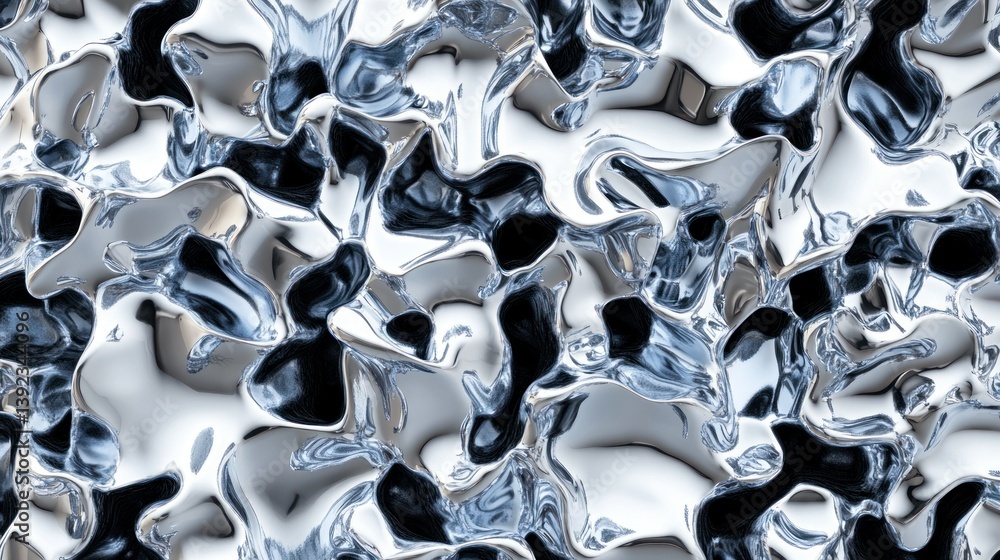 Poster shiny metallic surface exhibiting distorted and reflective liquid like forms