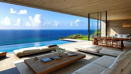 Open concept luxury villa interior with ocean view, infinity pool, and wood accents, offering a serene and modern living experience