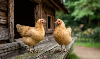 Fototapeta premium Two buff Orpington chickens by a wooden coop on a farm