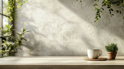Coffee Cup and Potted Plant on Wooden Table in Natural Light